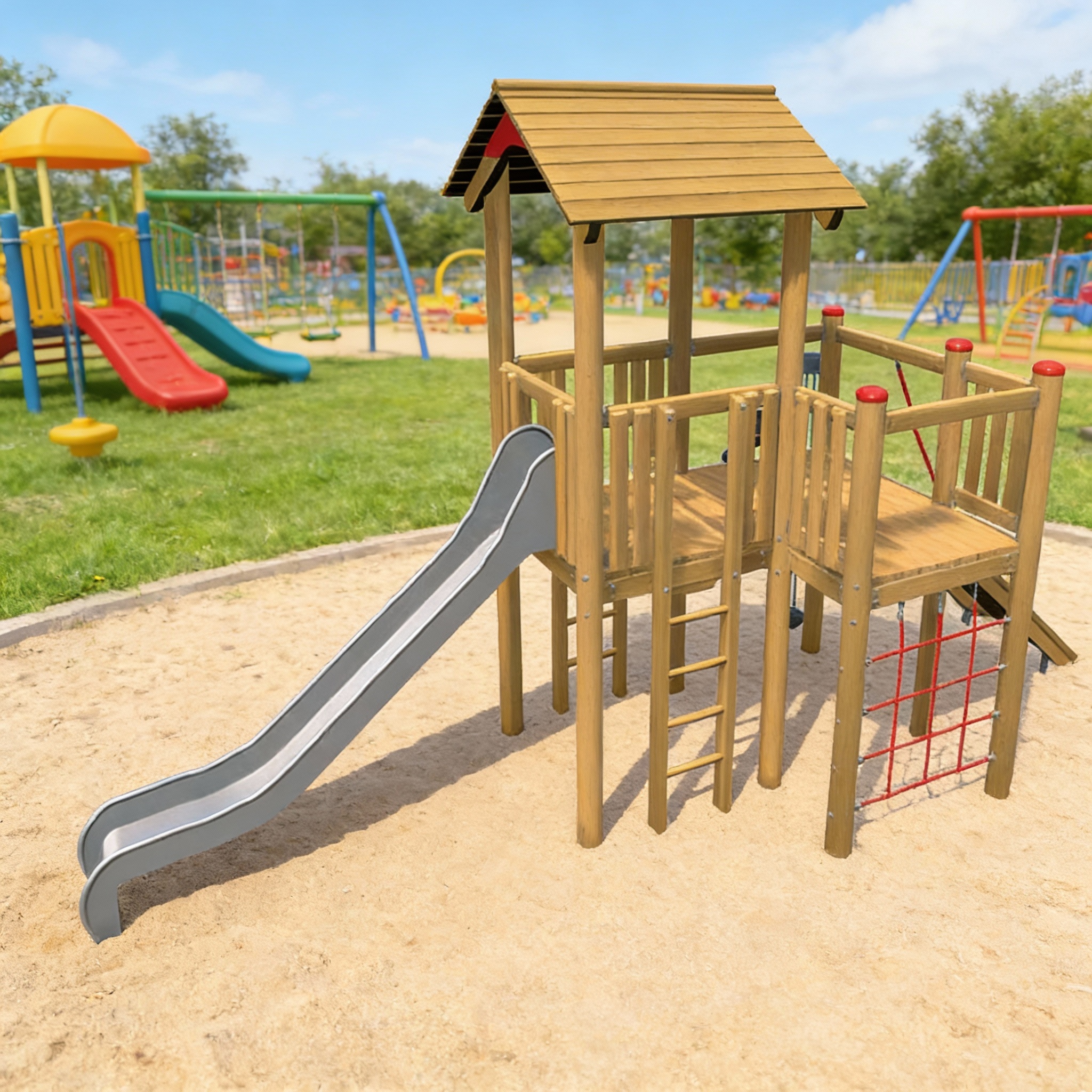 Детская площадка для игр с песком и горкой из нержавейки