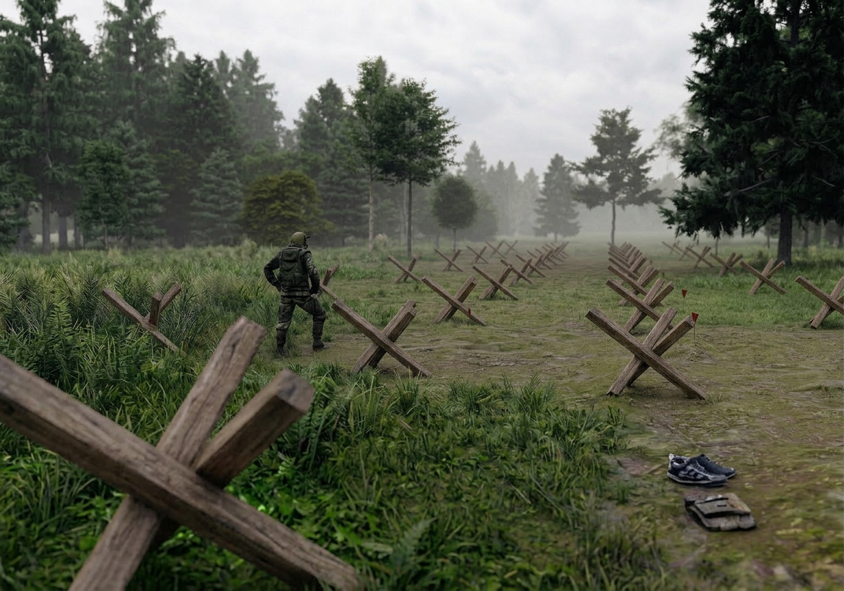 Противотанковые ежи - элемент полосы препятствий Разведчик