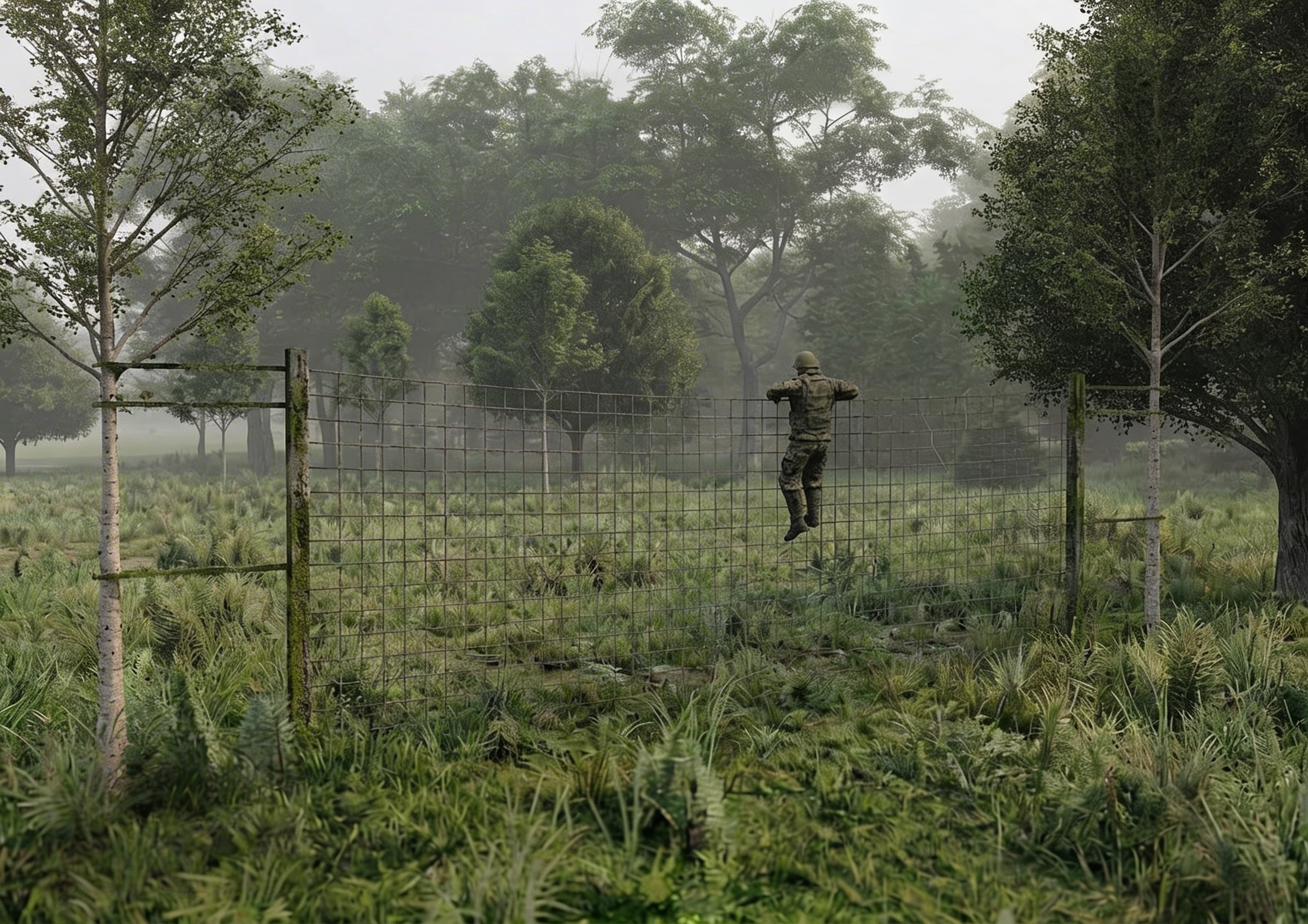 Сетка между деревьями - элемент полосы препятствий Разведчик