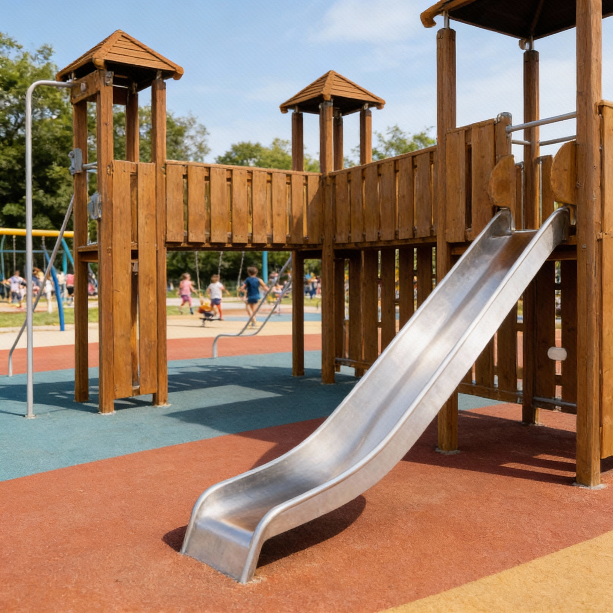 Детский деревянный городок с тремя башнями и горкой из нержавейки