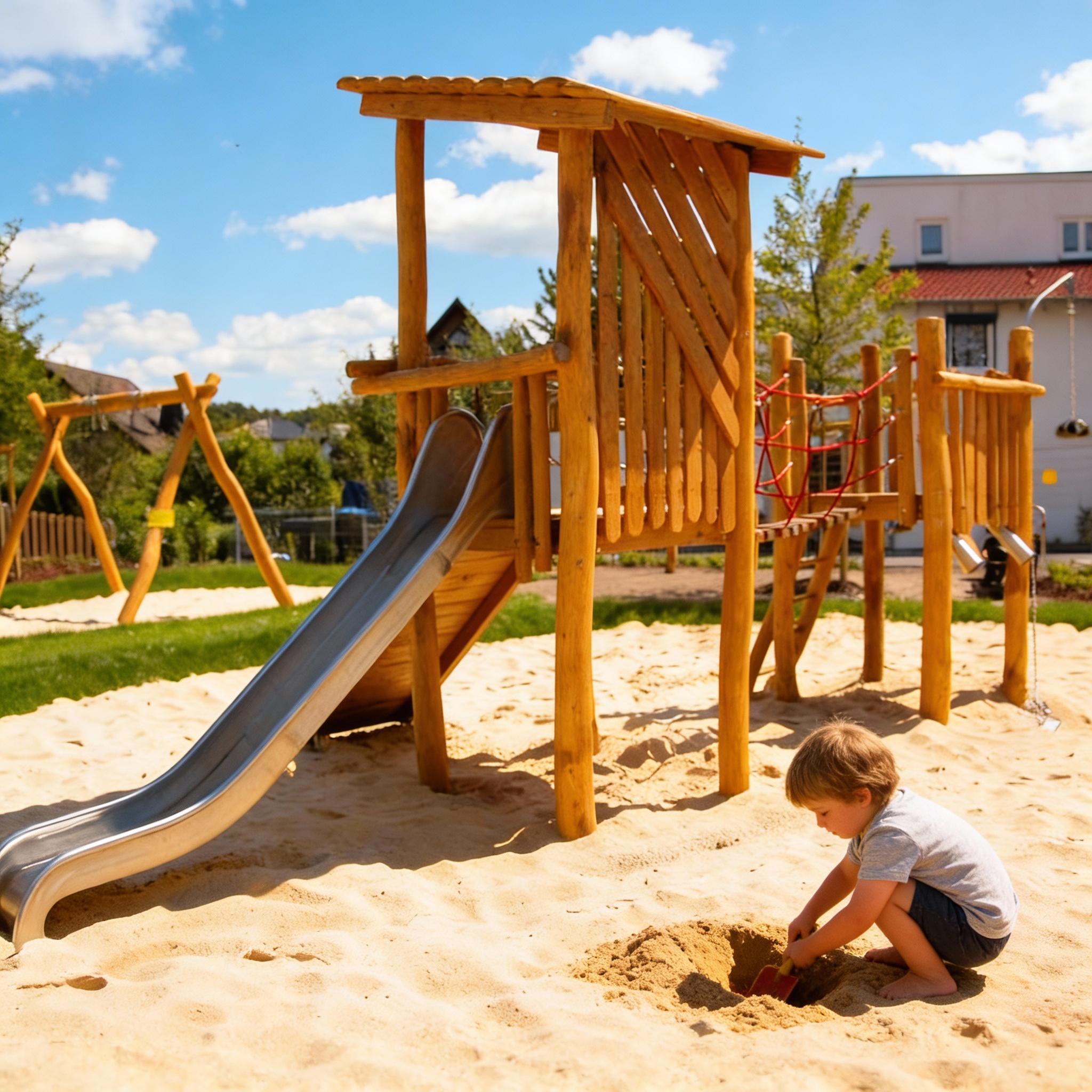 Детская площадка для игр с песком, сетками и горкой из нержавейки