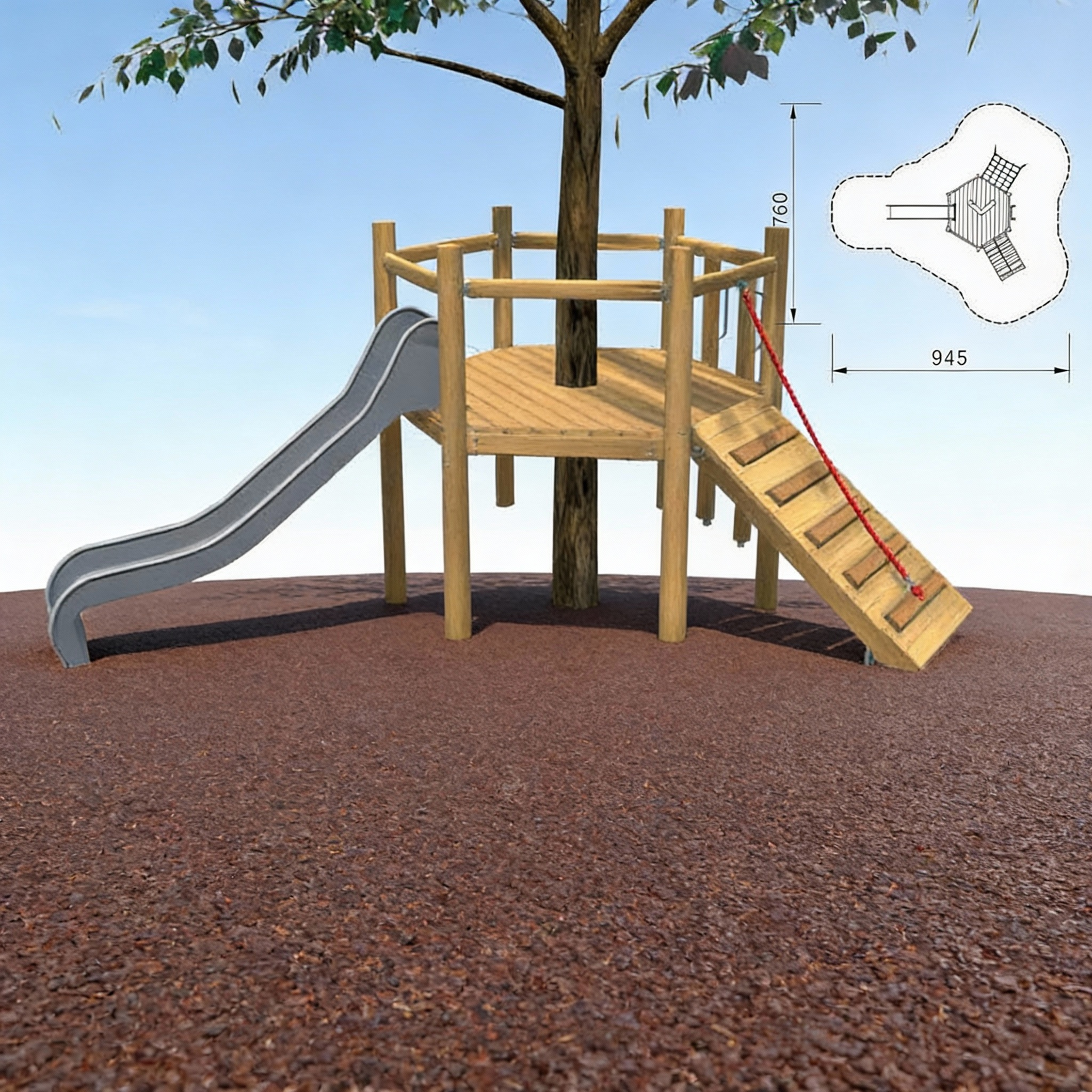 Площадка на дереве с горкой из нержавейки