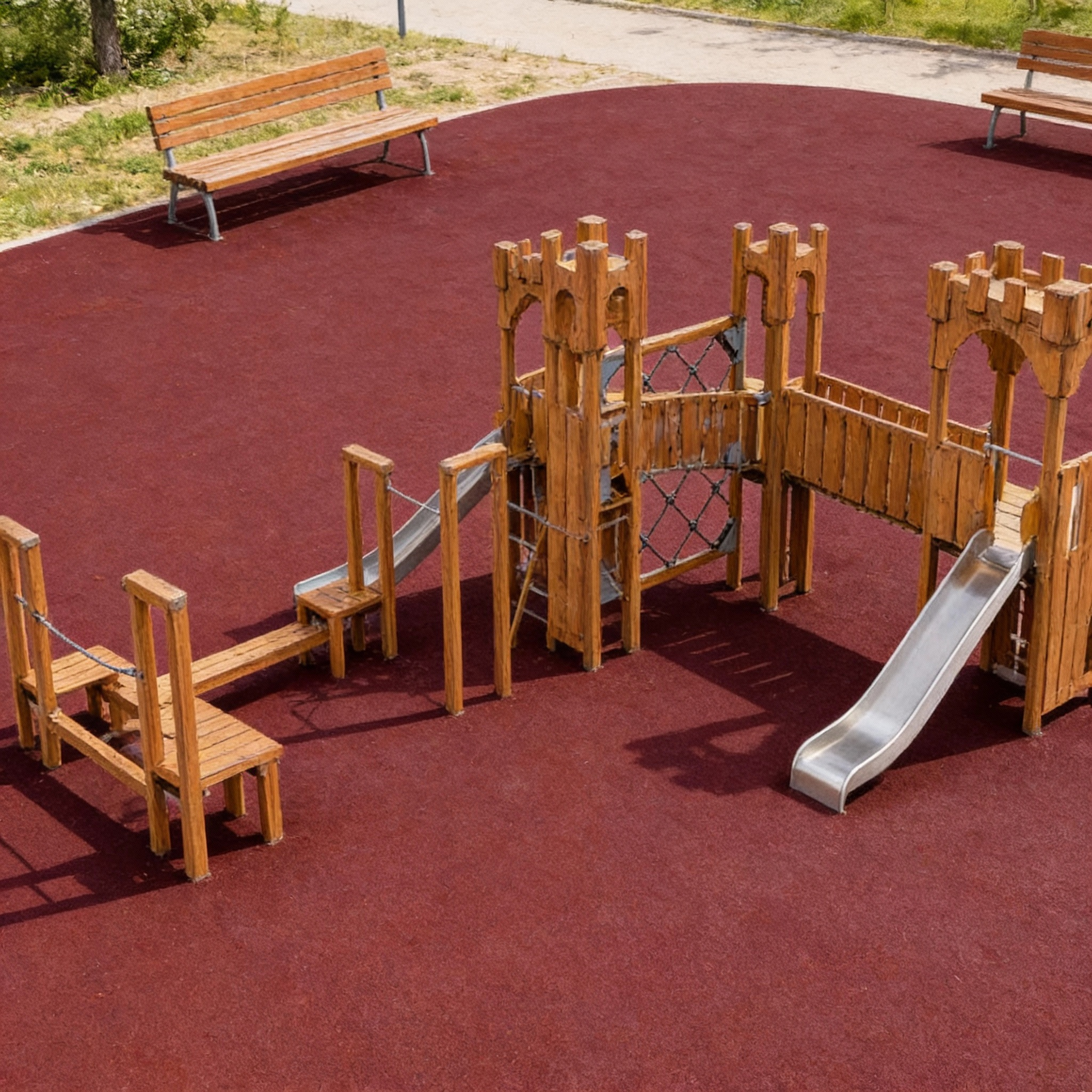 Большой деревянный замок с горками из нержавейки и канатным переходом