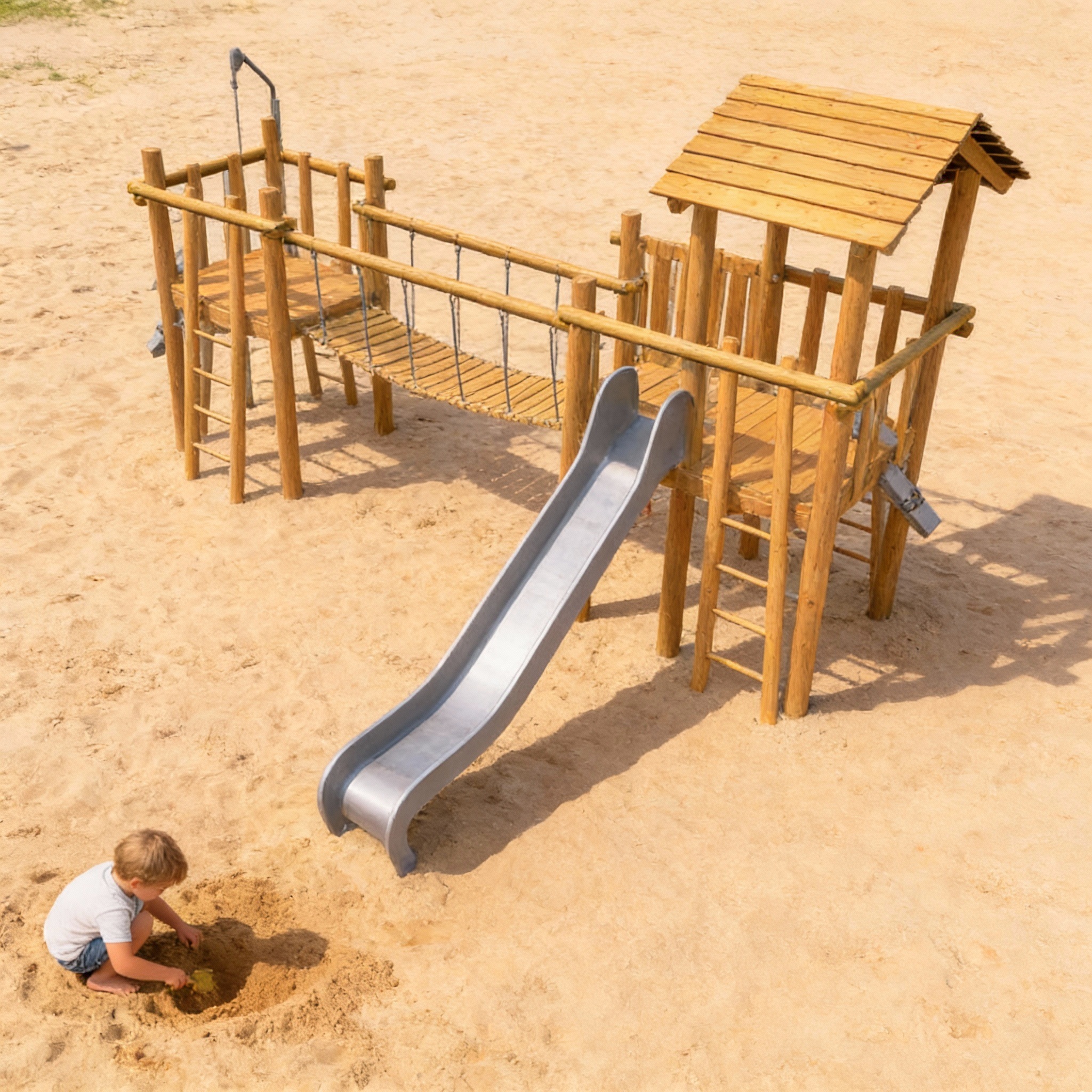 Деревянный городок для игр с песком и горкой из нержавейки