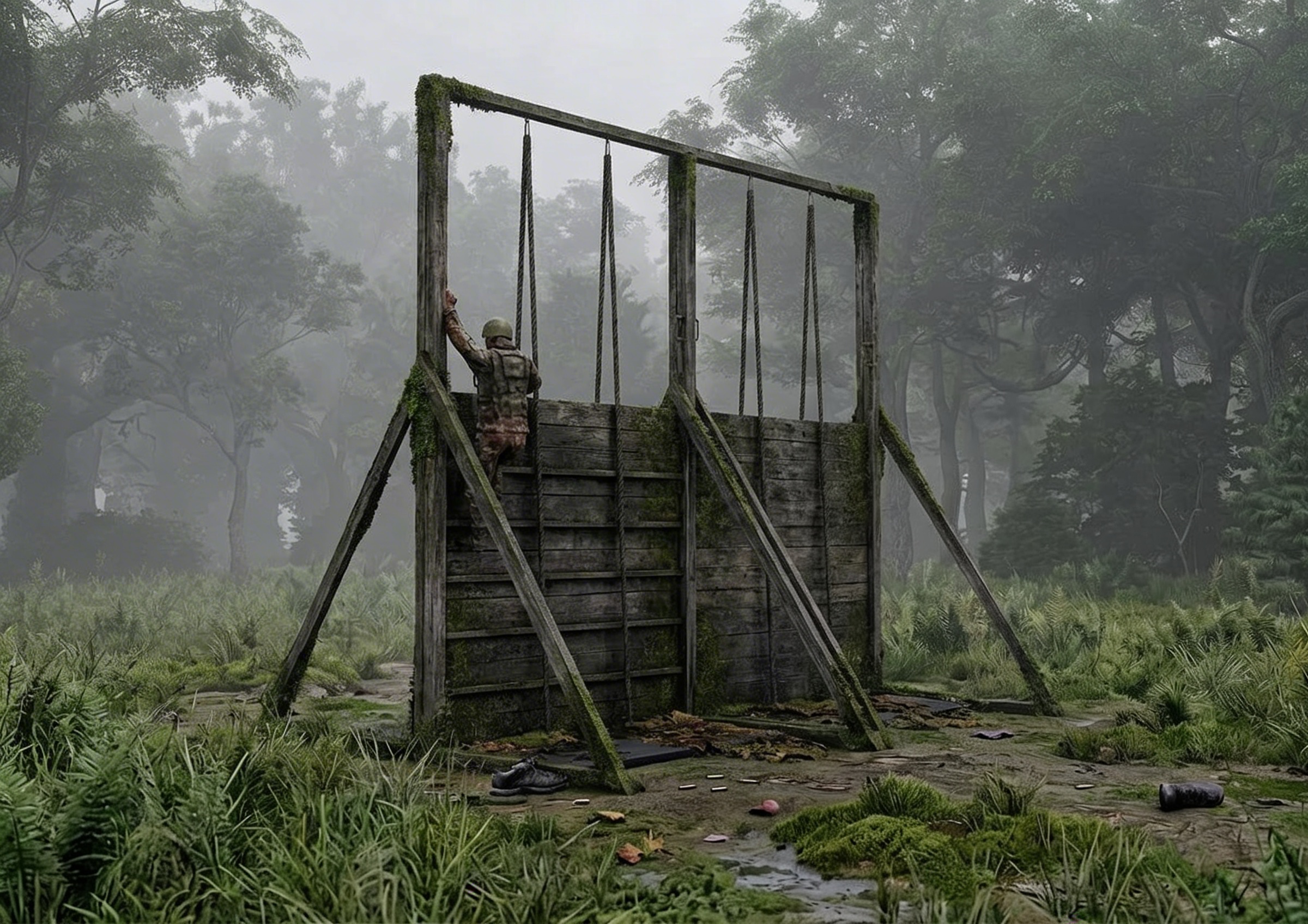 Вертикальная стена с канатами - элемент полосы препятствий Разведчик